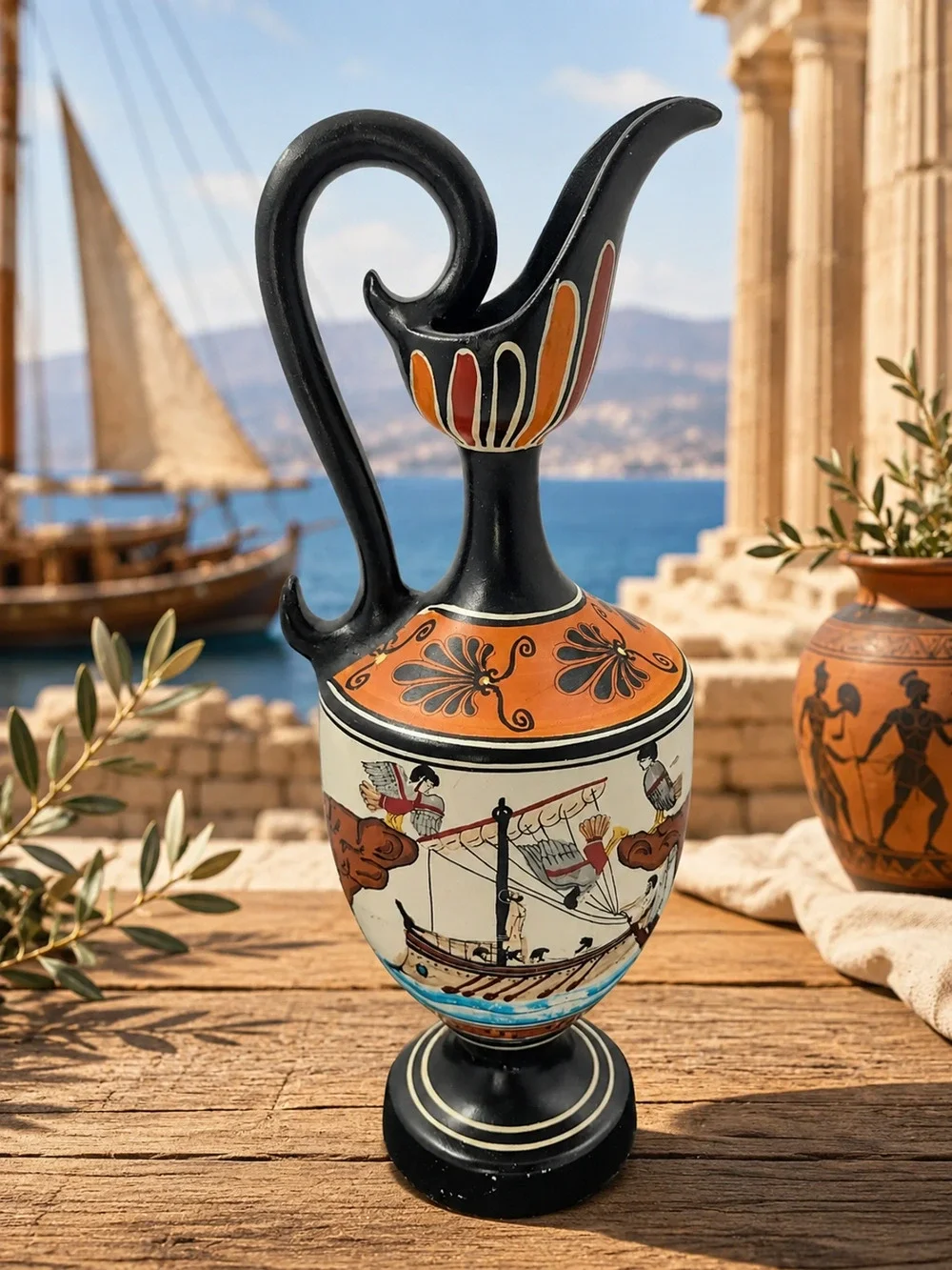 D Vassilopoulos Greek Ewer Vase 12” Hand Painted Greece Ancient Ship Pottery